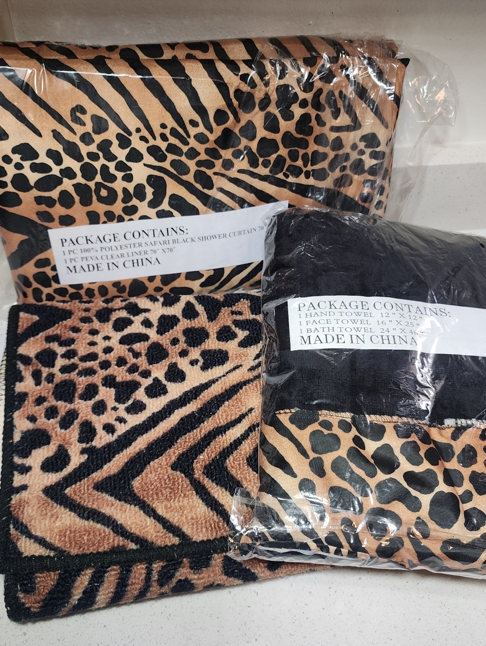 7pc Animal Safari Print Shower Curtain Set in Black and Tan New - Picture 12 of 15